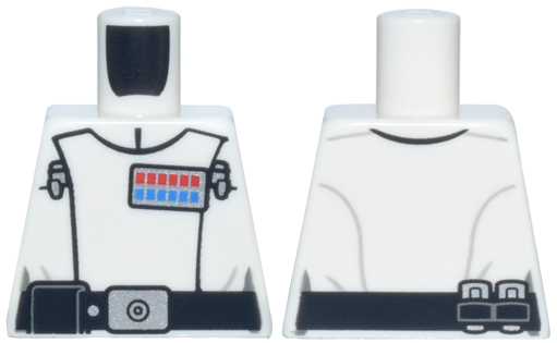 Lego Torso SW Imperial Officer 24, Black Belt with Pouch, Silver Buckle and Dot, Red and Blue Rank Badge, and 2 Code Cylinders Pattern (Director Krennic) / White