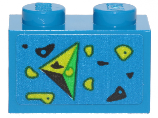 Lego Brick 1 x 2 with Black, Green, and Lime Splotches and Triangle Pointing Left Pattern (Sticker) - Set 70839 / Blue