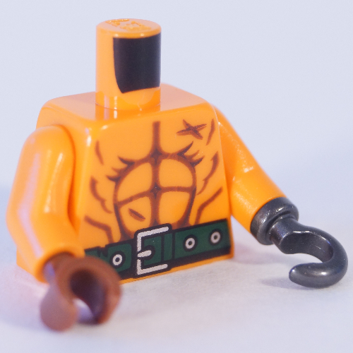 Lego Torso Bare Chest with Muscle, Scars, Dark Green Belt on Front and Back Print, Orange Arms, Reddish Brown Right Hand, Pearl Titanium Left Hook / Orange