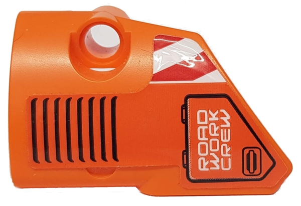 Lego Technic, Panel Fairing # 1 Small Smooth Short, Side A with 'ROAD WORK CREW', Black Vents and Red and White Danger Stripes Pattern (Sticker) - Set 42060 / Orange