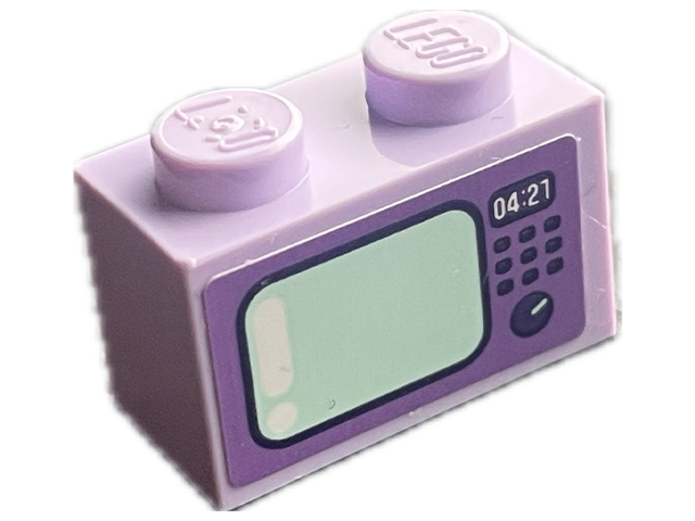 Lego Brick 1 x 2 with Medium Lavender Television with Dark Purple Buttons, Light Aqua Screen and White '04:21' Pattern (Sticker) - Set 41716