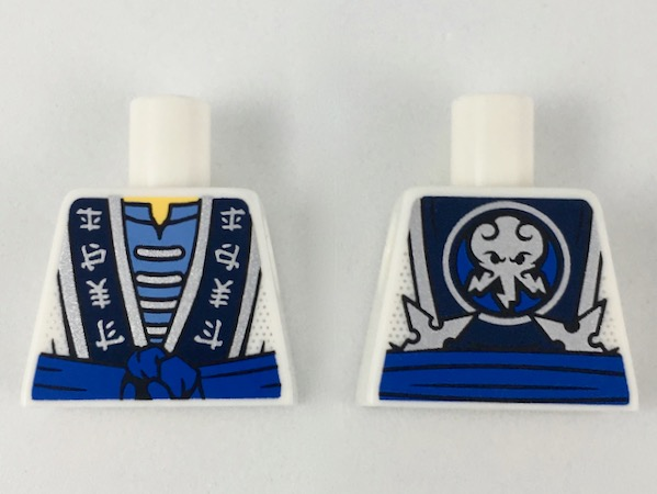Lego Torso Ninjago Robe with Elemental Logogram, Blue Sash Pattern / White