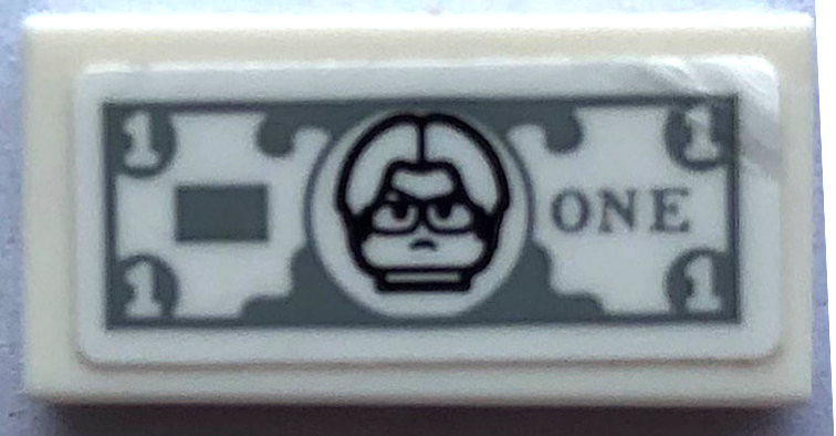Lego Tile 1 x 2 with Light Bluish Gray 1 Paper Bill with Minifigure Head (One Schrute Buck) Pattern (Sticker) - Set 21336