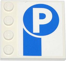 Lego Tile, Modified 4 x 4 with Studs on Edge with Thick Blue Stripe and Capital Letter P in Circle Pattern (Sticker) - Set 4207 / White