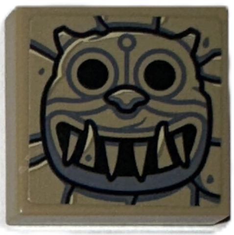 Lego Tile 2 x 2 with Black and Dark Bluish Gray Idol Head, Sharp Teeth on Stone Background Pattern (Sticker) - Set 77015 / Dark Tan