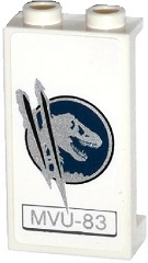 Lego Panel 1 x 2 x 3 with Side Supports - Hollow Studs with Dark Blue and Silver Jurassic World Logo, 'MVU-83', and Claw Scratch Marks Pattern Model Left Side (Sticker) - Set 75917
