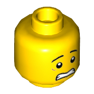 Lego Minifig Head Chan Kong-Sang / Jia / Roby, Eyebrows, White Pupils, Scared / Lopside Smile Print / Yellow