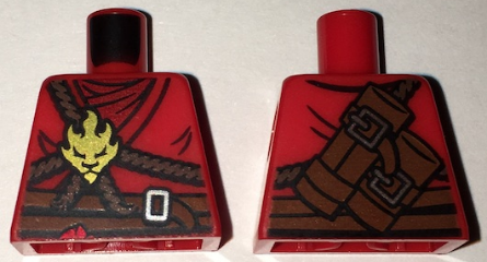 Lego Torso Ninjago Brown Rope, Gold Medallion and Dark Red Undershirt Front, Scabbards on Back Pattern / Red