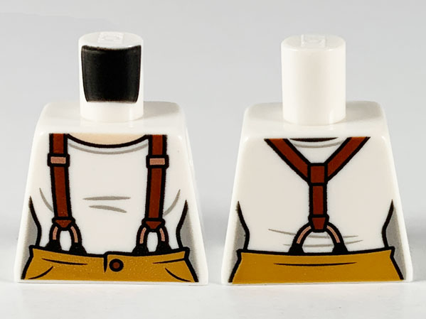 Lego Torso Female Light Nougat Neck, Reddish Brown Suspenders and Medium Nougat Pants Pattern / White