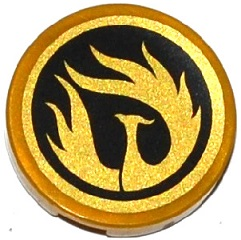 Lego Tile, Round 2 x 2 with Bottom Stud Holder with Gold Phoenix Flames on Black Background in Gold Circle Pattern (Sticker) - Set 70750