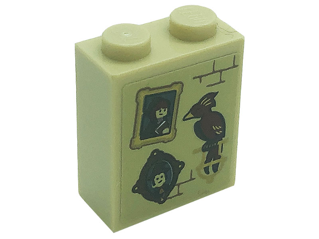Lego Brick 1 x 2 x 2 with Inside Stud Holder with Phoenix, 2 Portrait Pictures and Bricks Pattern (Sticker) - Set 71043 / Tan
