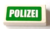 Lego Tile 1 x 2 with White 'POLIZEI' on Green Background Pattern (Sticker) - Sets 7235-1 / 7236-1 / 7237