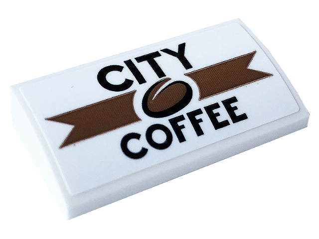 Lego Slope, Curved 2 x 4 x 2/3 with Bottom Tubes with 'CITY COFFEE' and Bean Pattern (Sticker) - Set 60233 / White