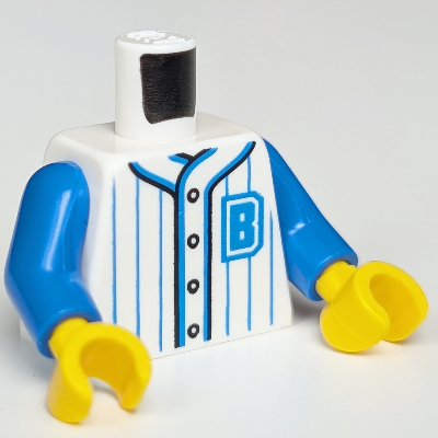 Lego Torso Baseball Jersey, Vertical Blue Stripes with Buttons and 'B' Logo Print, Blue Arms, Yellow Hands