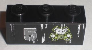 Lego Brick 1 x 3 with Number 5 and Pistons Skull Logo Pattern Model Right Side (Sticker) - Set 8211 / Black