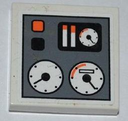 Lego Tile 2 x 2 with Red and Black Buttons and Gauges Pattern (Sticker) - Set 8709 / White