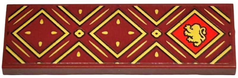 Lego Tile 2 x 6 with Gold Squares and Lines with Black Outlines and HP Gryffindor House Lion on Red Background Pattern (Sticker) - Set 76416 / Dark Red