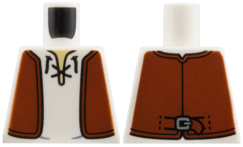 Lego Torso Reddish Brown Leather Vest Open, Shirt with Black Laces, Tan Undershirt, Silver Buckle on Back Pattern / White