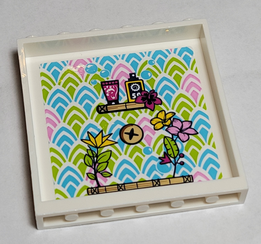 Lego Panel 1 x 6 x 5 with Flowers on Shelves and Lime, Medium Azure, and Bright Pink Wallpaper Pattern on Inside (Sticker) - Set 41374 / White
