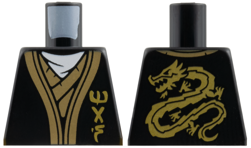 Lego Torso Tunic, White Scarf, Dark Tan Hems, Gold NInjago Logogram 'MAS', Dragon on Back Pattern / Black