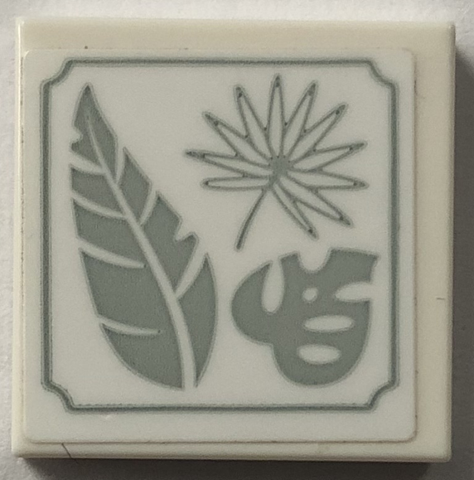 Lego Tile 2 x 2 with Light Bluish Gray Leaves on Plants Plaque Pattern (Sticker) - Set 41757 / White