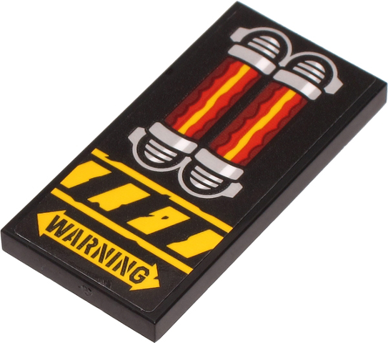 Lego Tile 2 x 4 with 'WARNING' on Double Arrow, Yellow Danger Stripes and Red and Silver Engine Pattern (Sticker) - Set 71704