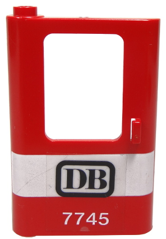 Lego Door 1 x 4 x 5 Train Left, Thin Support at Bottom with White Stripe and 'DB 7745' Pattern (Sticker) - Set 7745 / Red