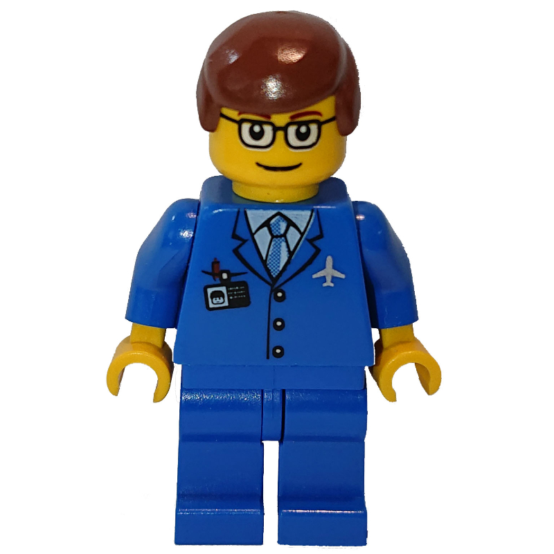 Lego Airline Worker, Blue Suit with Tie and Plane Logo, Reddish Brown Hair, Glasses