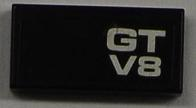 Lego Tile 1 x 2 with Silver 'GT' and 'V8' Pattern (Sticker) - Set 8186 / Black