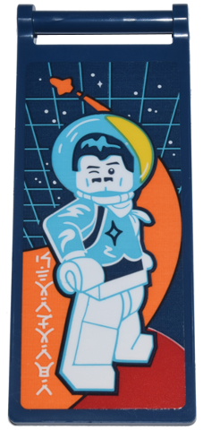 Lego Flag 7 x 3 with Bar Handle with Medium Azure and White Fritz Donnegan Minifigure, Orange Spaceship, Grid, Stars, and Ninjago Logogram 'STARFARER' Pattern (Sticker) - Set 71799 / Dark Blue
