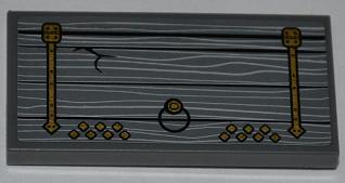 Lego Tile 2 x 4 with Wooden Door with Gold Hinges and Round Handle Pattern Model Left Side (Sticker) - Set 9446 / Dark Bluish Gray
