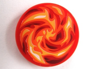 Lego Tile, Round 2 x 2 with Bottom Stud Holder with Dark Red, Orange, Red, White and Yellow Swirled Fire Pattern