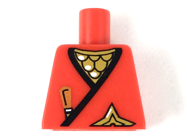 Lego Torso Ninja Wrap with Black Hem over Gold Scale Mail, Brown Dagger Handle, Shuriken Throwing Star, White Highlights Pattern / Red