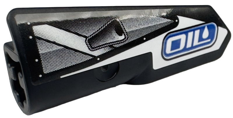 Lego Technic, Panel Fairing #22 Very Small Smooth, Side A with White 'OIL' on Blue Background and Silver Air Intake Pattern (Sticker) - Set 42153 / Black