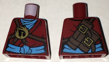 Lego Torso Ninjago Brown Rope, Gold Phoenix Medallion and Dark Azure Sash Front, Scabbards on Back Pattern / Dark Red