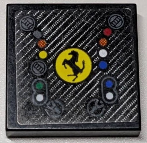 Lego Tile 2 x 2 with Ferrari 488 GTE AF CORSE #51 Steering Wheel Controls, Logo in Circle, Red, Yellow, Blue, White and Green Buttons and Lights Pattern (Sticker) - Set 42125 / Black