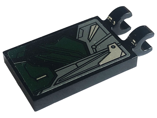 Lego Tile, Modified 2 x 3 with 2 Open O Clips with Dark Green, Dark Bluish Gray and Silver Armor Plates Pattern Model Left Side (Sticker) - Set 76195 / Black