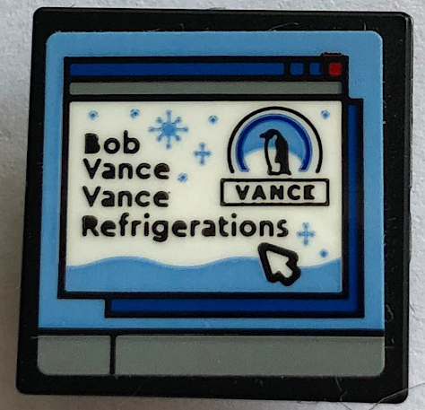Lego Road Sign 2 x 2 Square with Open O Clip with Computer Screen, 'Bob Vance Vance Refrigerations', Penguin and Mouse Cursor Pattern (Sticker) - Set 21336 / Black