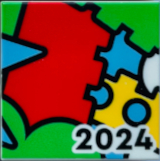 Lego Tile 2 x 2 with Red and Green Bricks, Yellow Technic Brick and Black '2024' Pattern