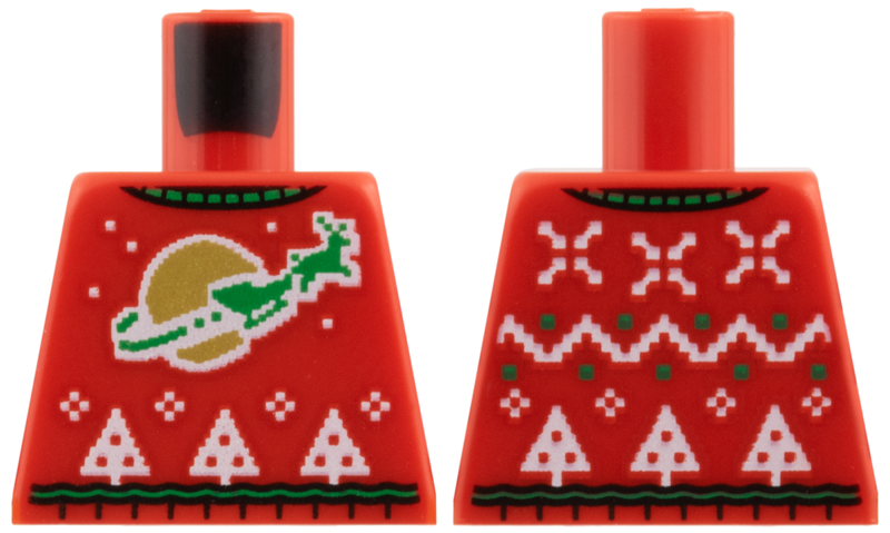 Lego Torso Knit Fair Isle Holiday Sweater, Green Collar and Reindeer Sleigh, Gold Classic Space Moon, White Snowflakes and Christmas Trees Pattern / Red