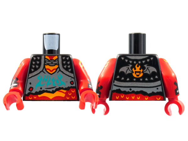 Lego Torso Spiked Shoulder Pads with Silver Chain over Dark Bluish Gray Tattered Shirt with Dark Turquoise Shapes, Red Neck and Stomach with Orange Scales Pattern / Red Arms with Orange Scales and Black Flames Pattern / Red Hands