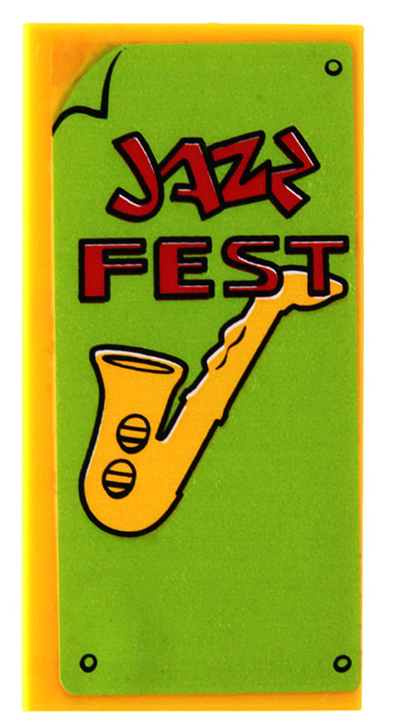 Lego Tile 2 x 4 with 'JAZZ FEST' and Saxophone Poster Pattern (Sticker) - Set 71006 / Yellow