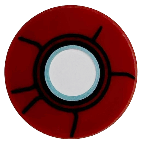 Lego Tile, Round 2 x 2 with Bottom Stud Holder with White Repulsor Disc with Metallic Light Blue Ring, Black Radial Energy Lines Pattern / Dark Red