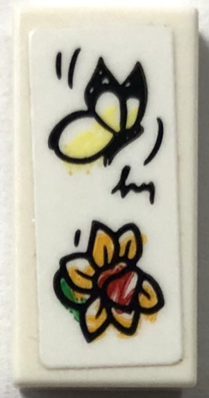 Lego Tile 1 x 2 with Bright Light Yellow Butterfly and Bright Light Orange and Red Flower Drawing Pattern (Sticker) - Set 41757