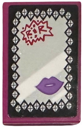 Lego Tile 2 x 3 with Mirror with Red 'RR', Medium Lavender Lips and Black Border with Diamonds Pattern (Sticker) - Set 41254 / Magenta