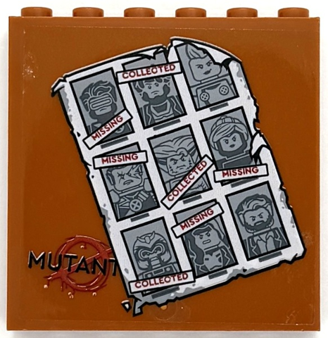 Lego Panel 1 x 6 x 5 with Black 'MUTANT' and Poster with Red 'MISSING', 'COLLECTED' and Pictures of Minifigures Pattern (Sticker) - Set 76294 / Dark Orange