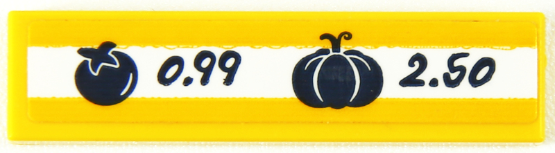 Lego Tile 1 x 4 with Fruit Prices, '0.99', '2.50', Tomato and Pumpkin on White Stripe Pattern (Sticker) - Set 41704 / Yellow