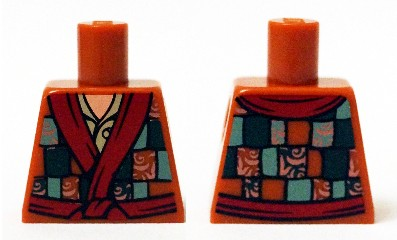 Lego Torso Robe with Dark Green and Sand Green Patchwork with Copper Filigree and Dark Red Trim over Tan Shirt with Button, Light Nougat Neck Pattern / Dark Orange