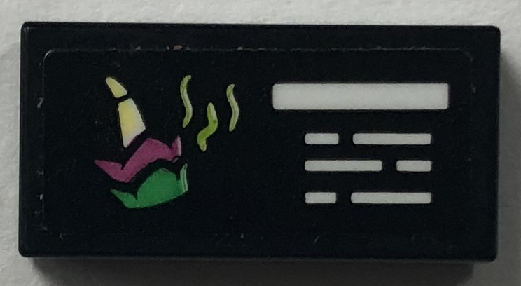 Lego Tile 1 x 2 with Plant Information Sign with White Lines, Bright Light Yellow, Magenta, Green and Lime Amorphophallus Titanum Flower Pattern (Sticker) - Set 41757 / Black