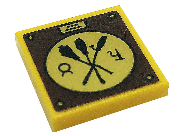 Lego Tile 2 x 2 with Black Crossed Brooms and Runes in Circle on Reddish Brown Background Pattern (Sticker) - Set 76388